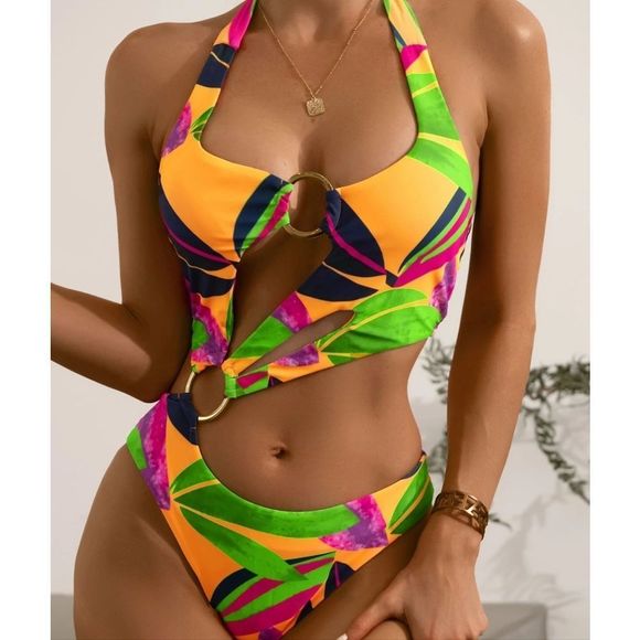 Shein Large Leaf Print Linked Cut Out One piece Swimsuit Yellow blue red - Picture 8 of 14